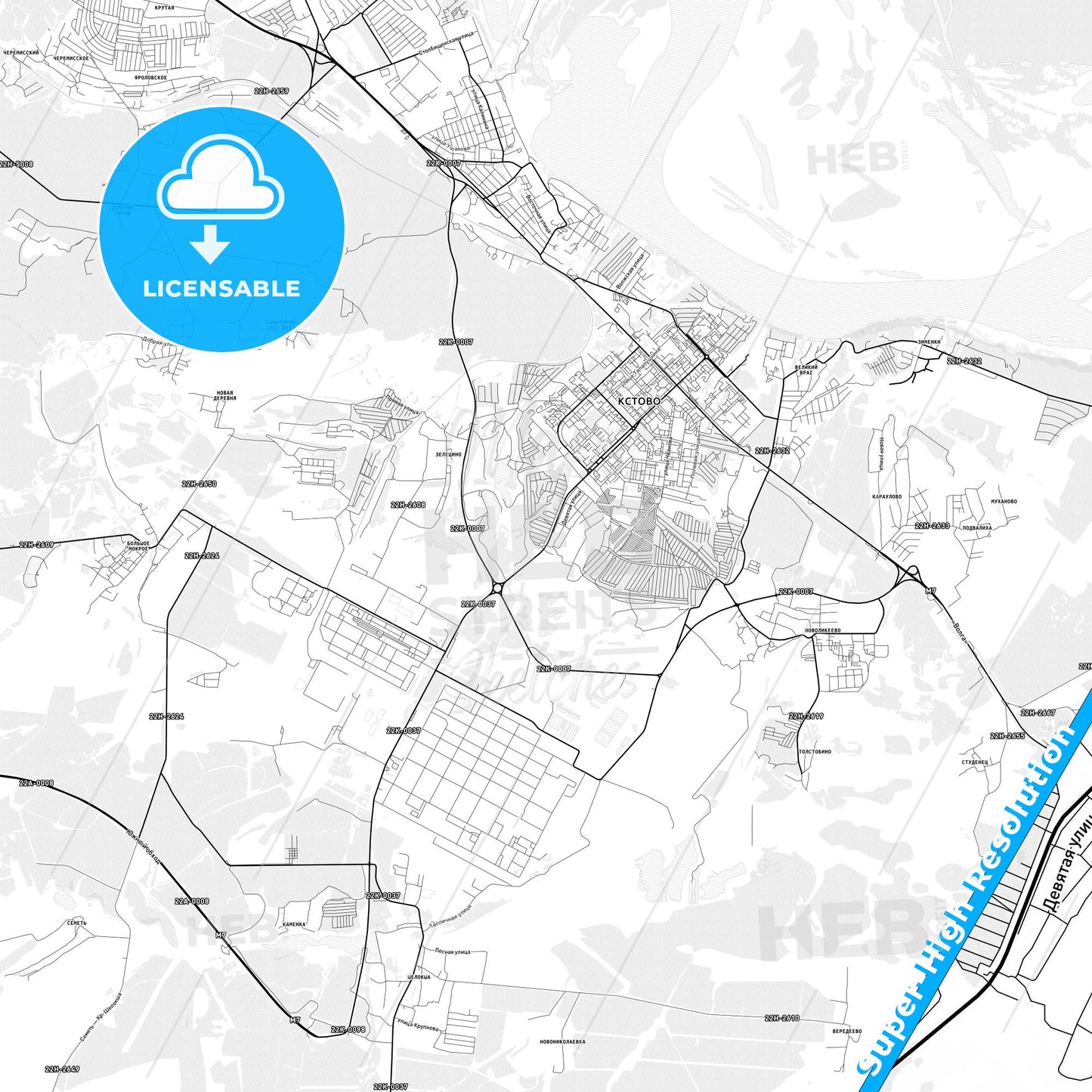 Kstovo, Russia light map with streetnames, citynames and districts