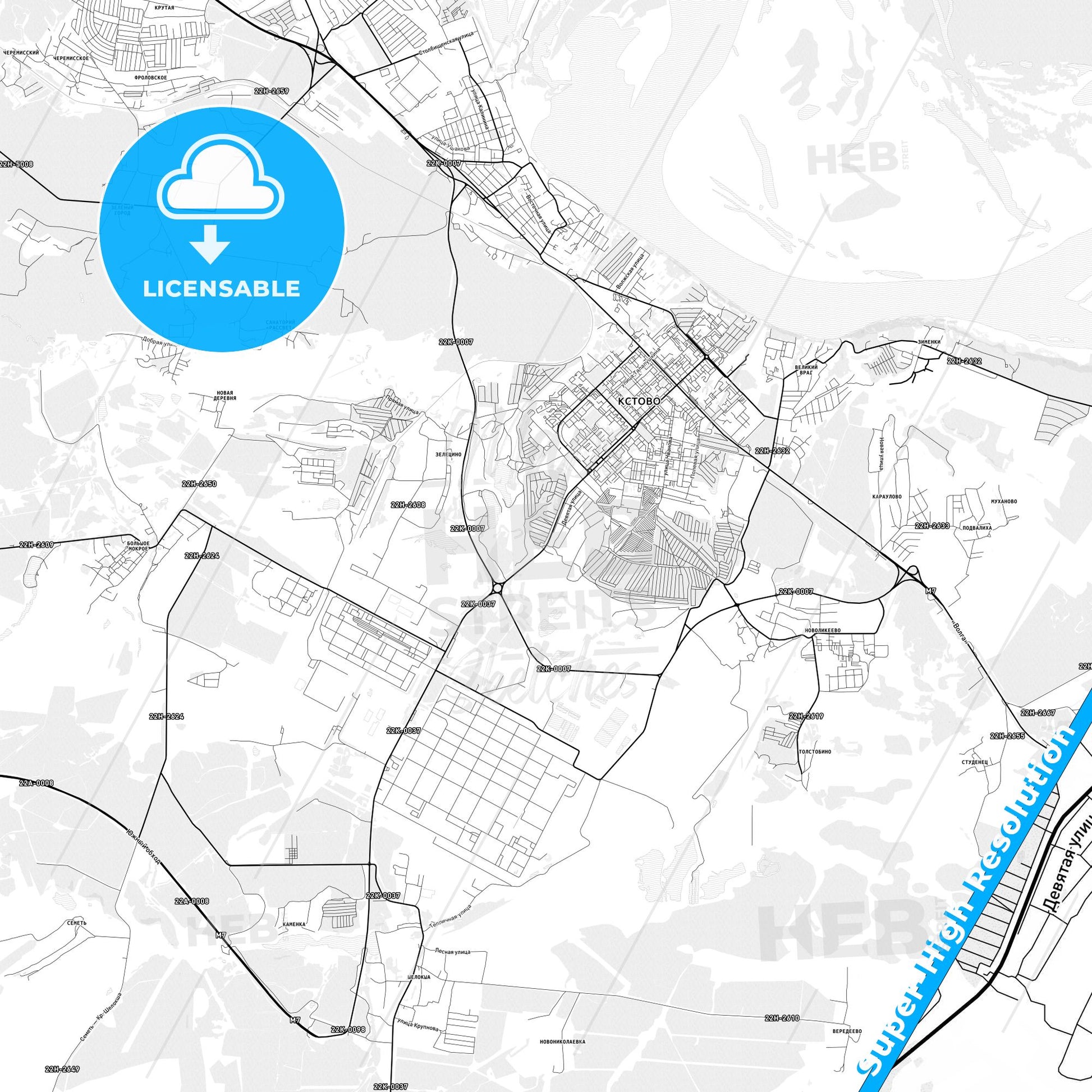 Kstovo, Russia light map with streetnames, citynames and districts