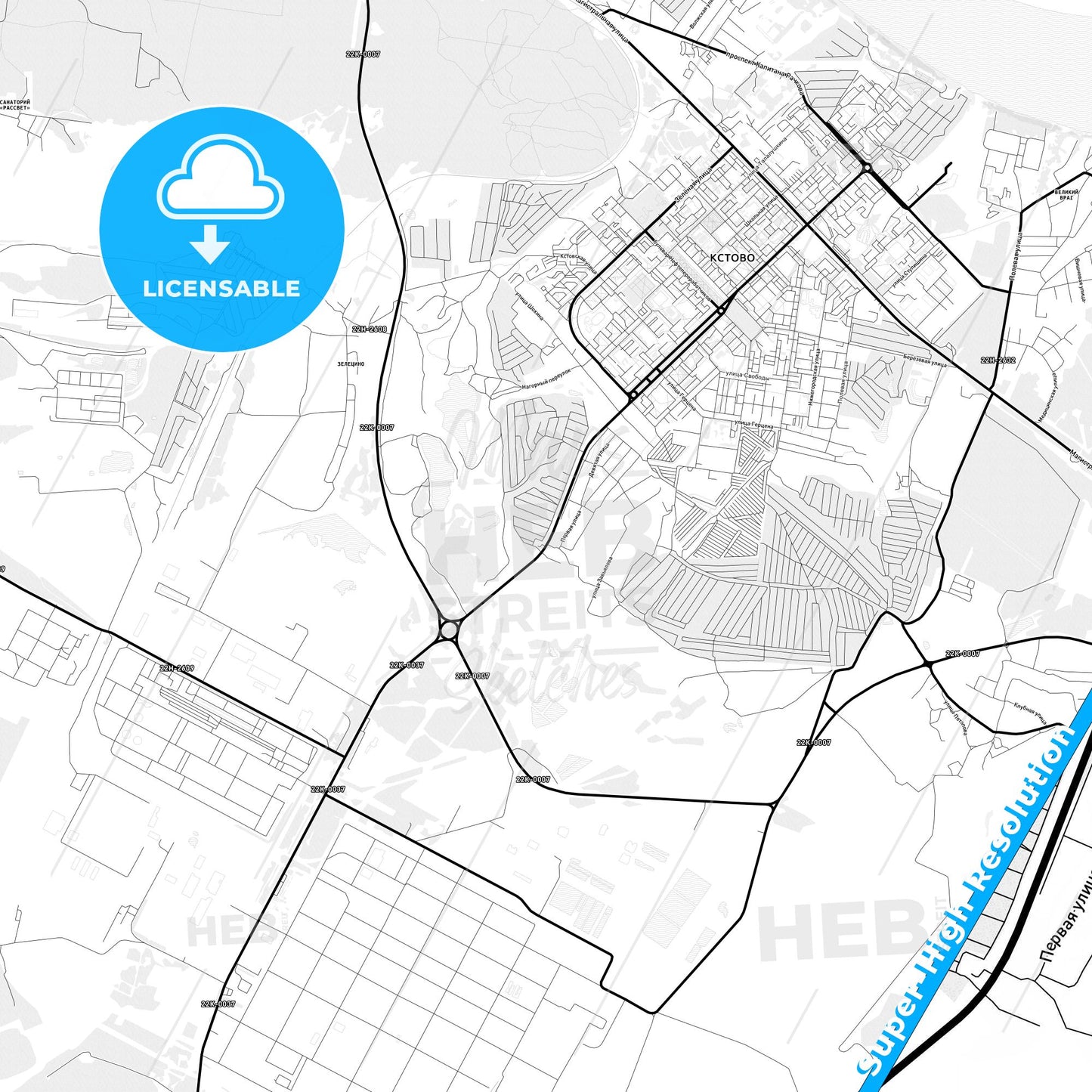 Kstovo, Russia Light Map with Street Names, City Names, and Districts