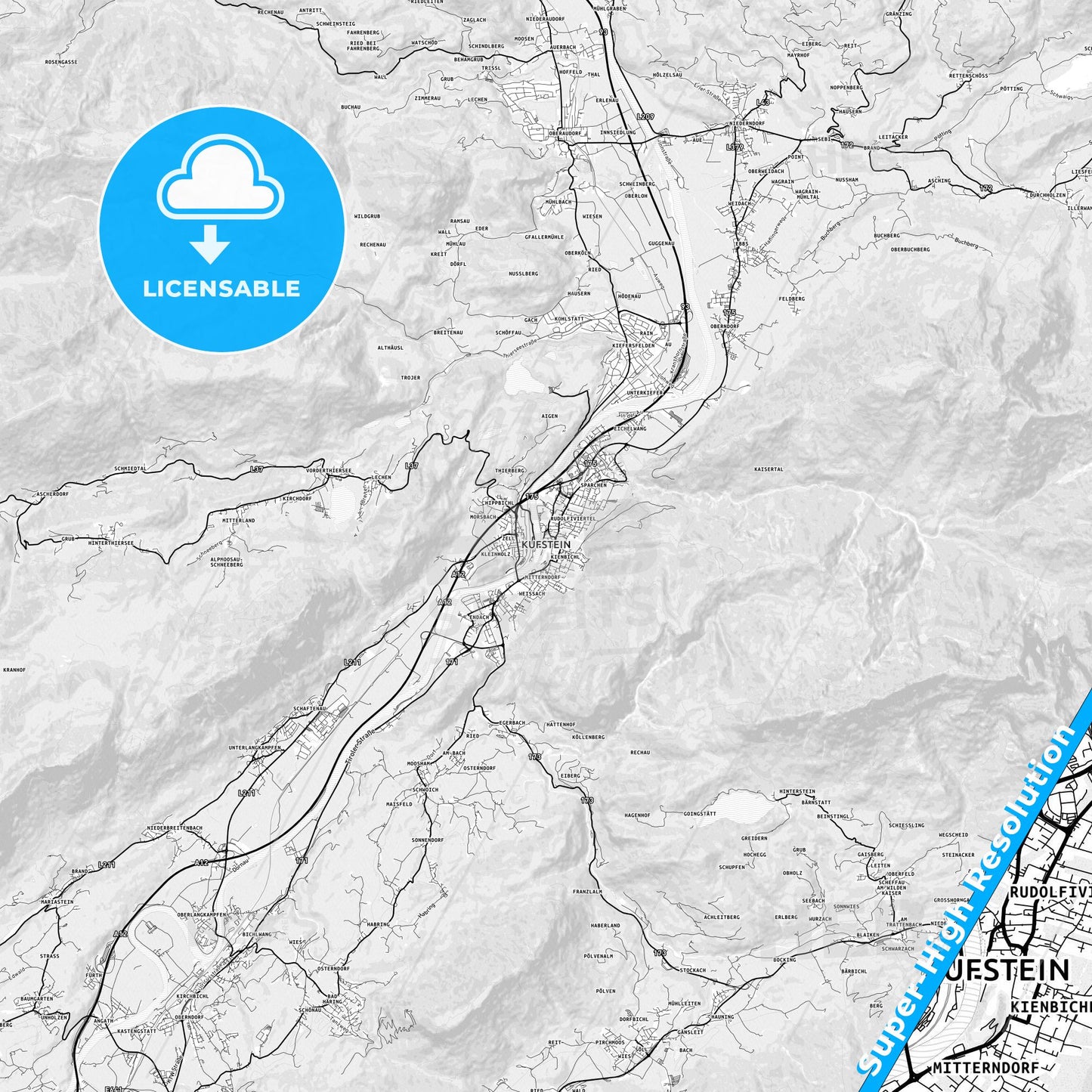 Kufstein, Austria light map with streetnames, citynames and districts