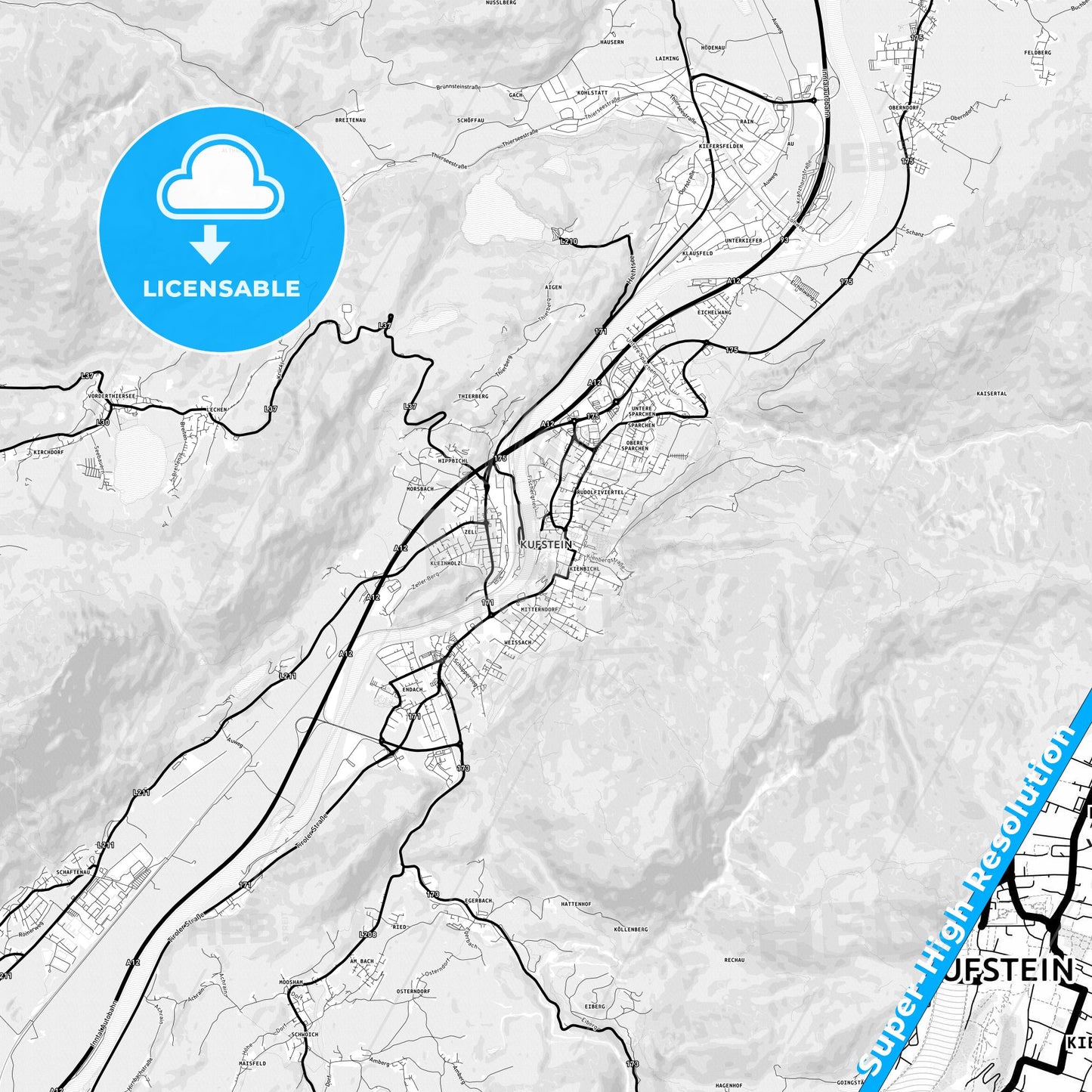 Kufstein, Austria Light Map with Street Names, City Names, and Districts