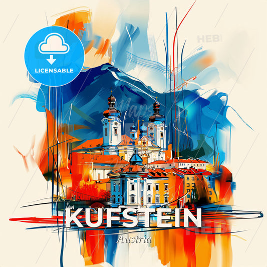 Vibrant Kufstein, Austria - A Painting Of A Building With A Mountain In The Background - Square format print template