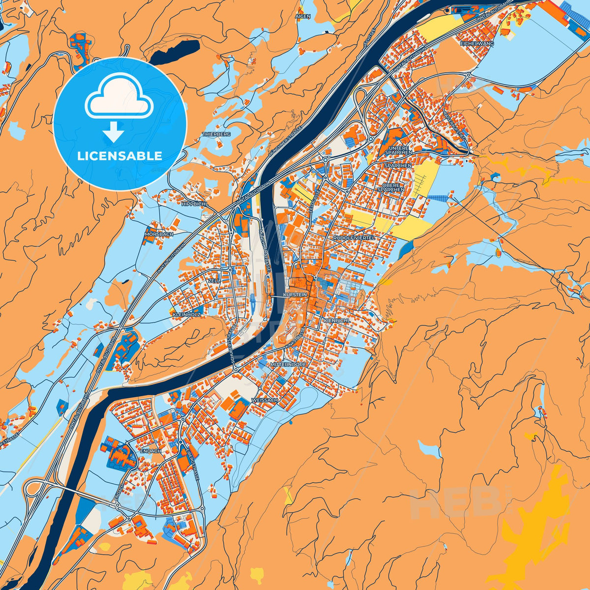 Colorful Kufstein Street Map with Labels and Buildings