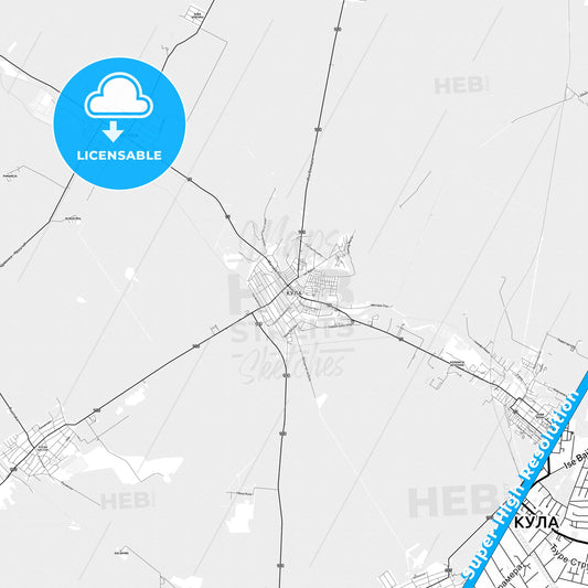 Kula, Serbia light map with streetnames, citynames and districts