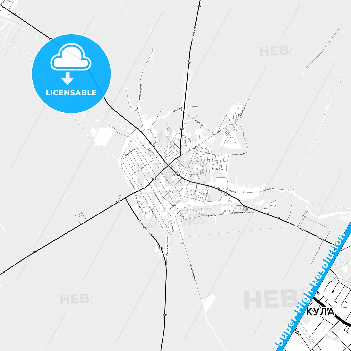 Kula, Serbia Light Map with Street Names, City Names, and Districts