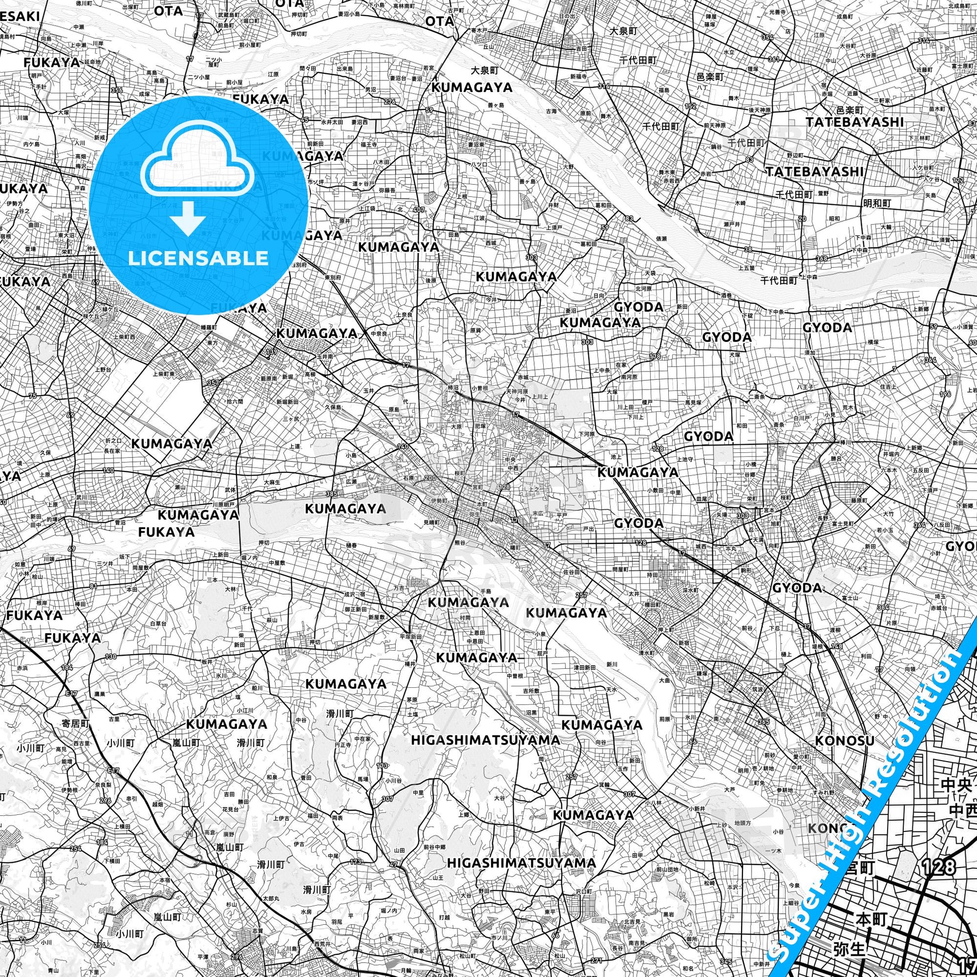 Kumagaya, Japan light map with streetnames, citynames and districts