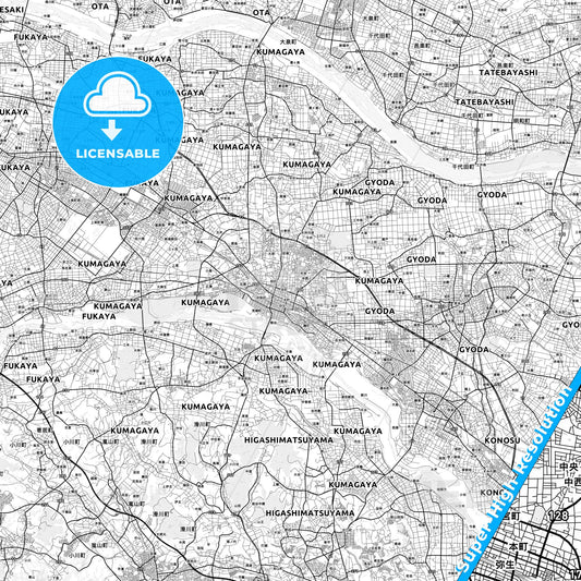 Kumagaya, Japan light map with streetnames, citynames and districts