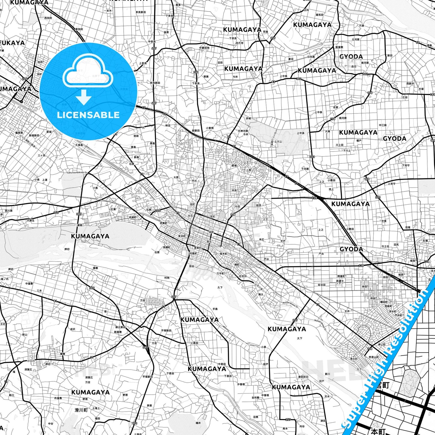 Kumagaya, Japan Light Map with Street Names, City Names, and Districts