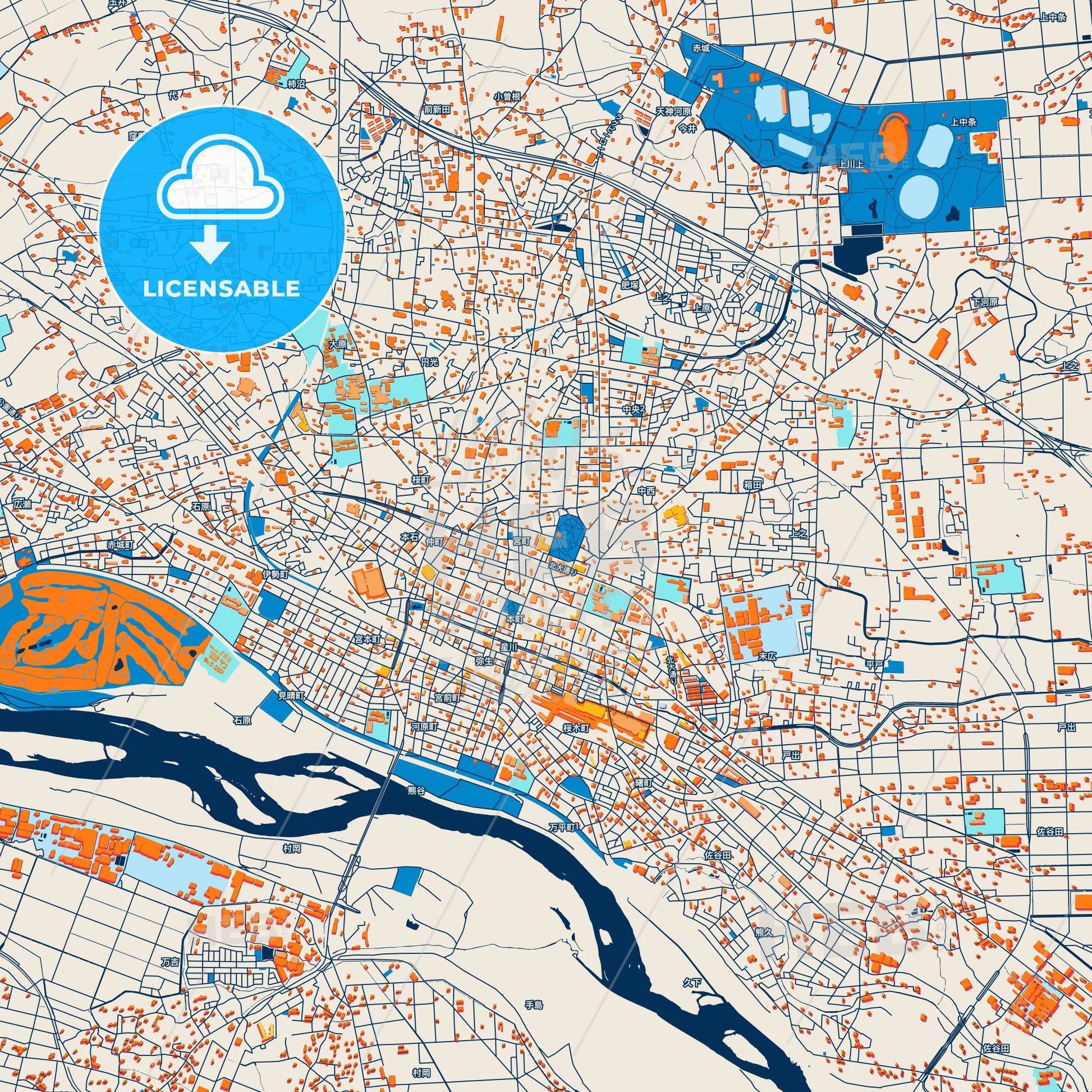Colorful Kumagaya Street Map with Labels and Buildings