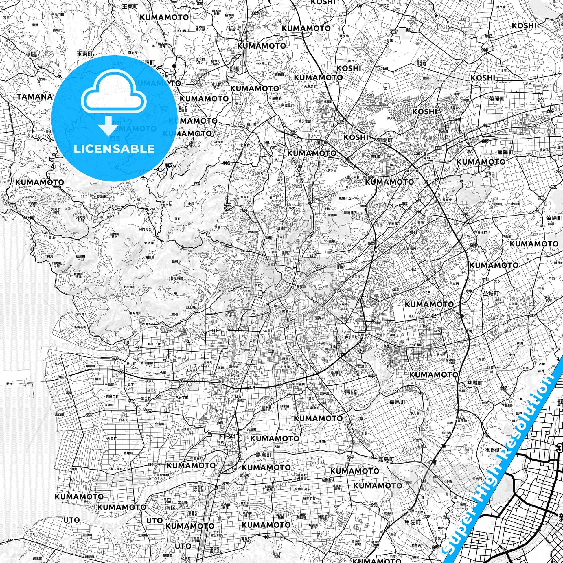 Kumamoto, Japan light map with streetnames, citynames and districts