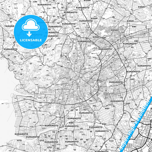 Kumamoto, Japan light map with streetnames, citynames and districts