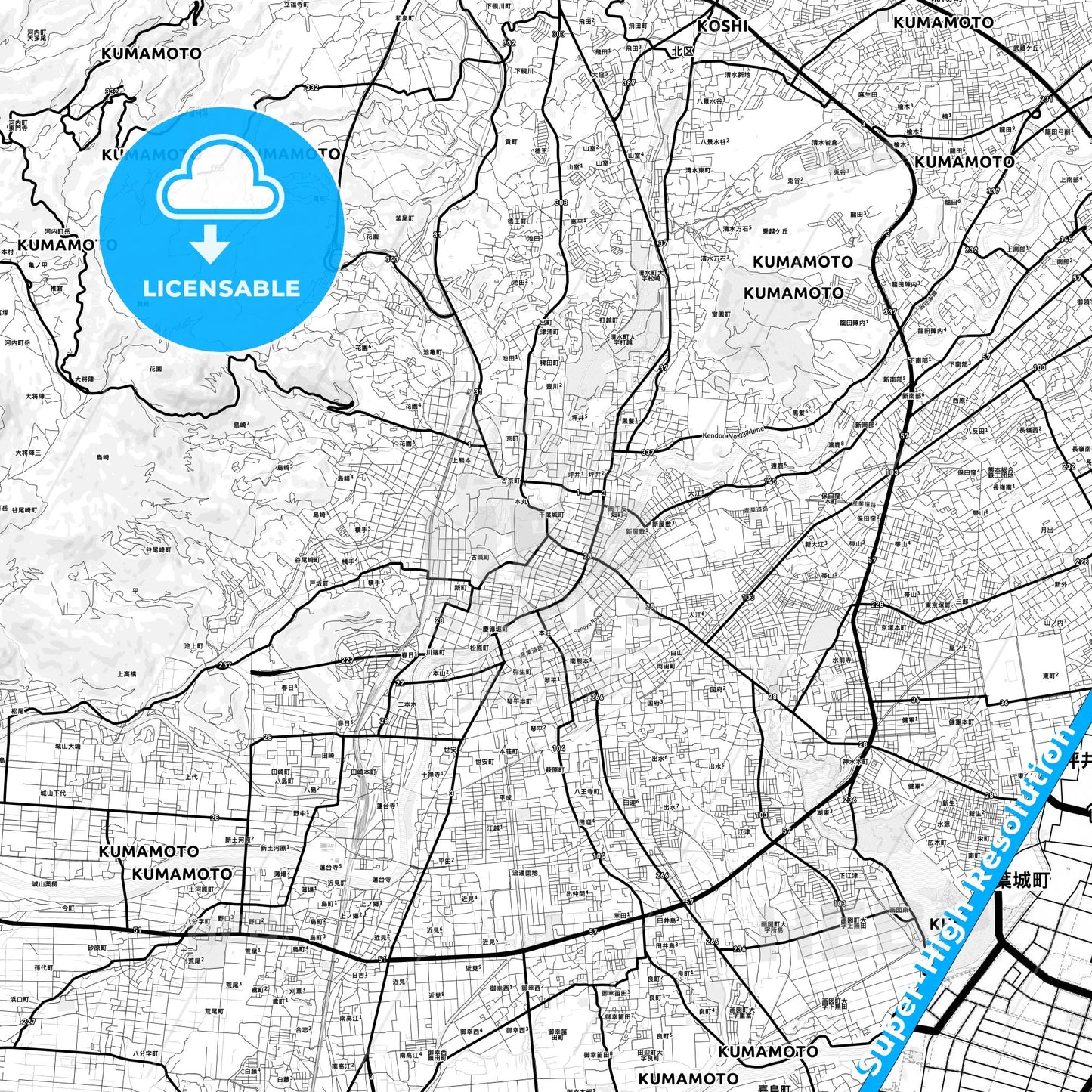Kumamoto, Japan Light Map with Street Names, City Names, and Districts