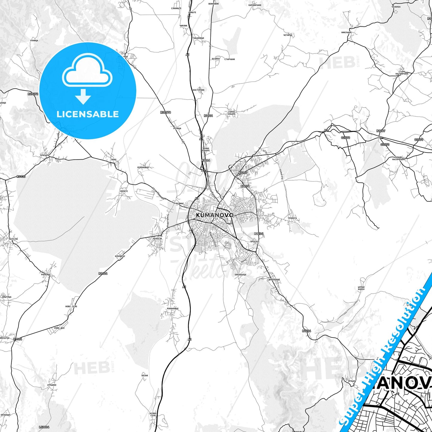 Kumanovo, North Macedonia light map with streetnames, citynames and districts