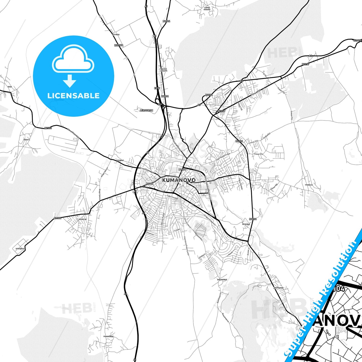 Kumanovo, North Macedonia Light Map with Street Names, City Names, and Districts