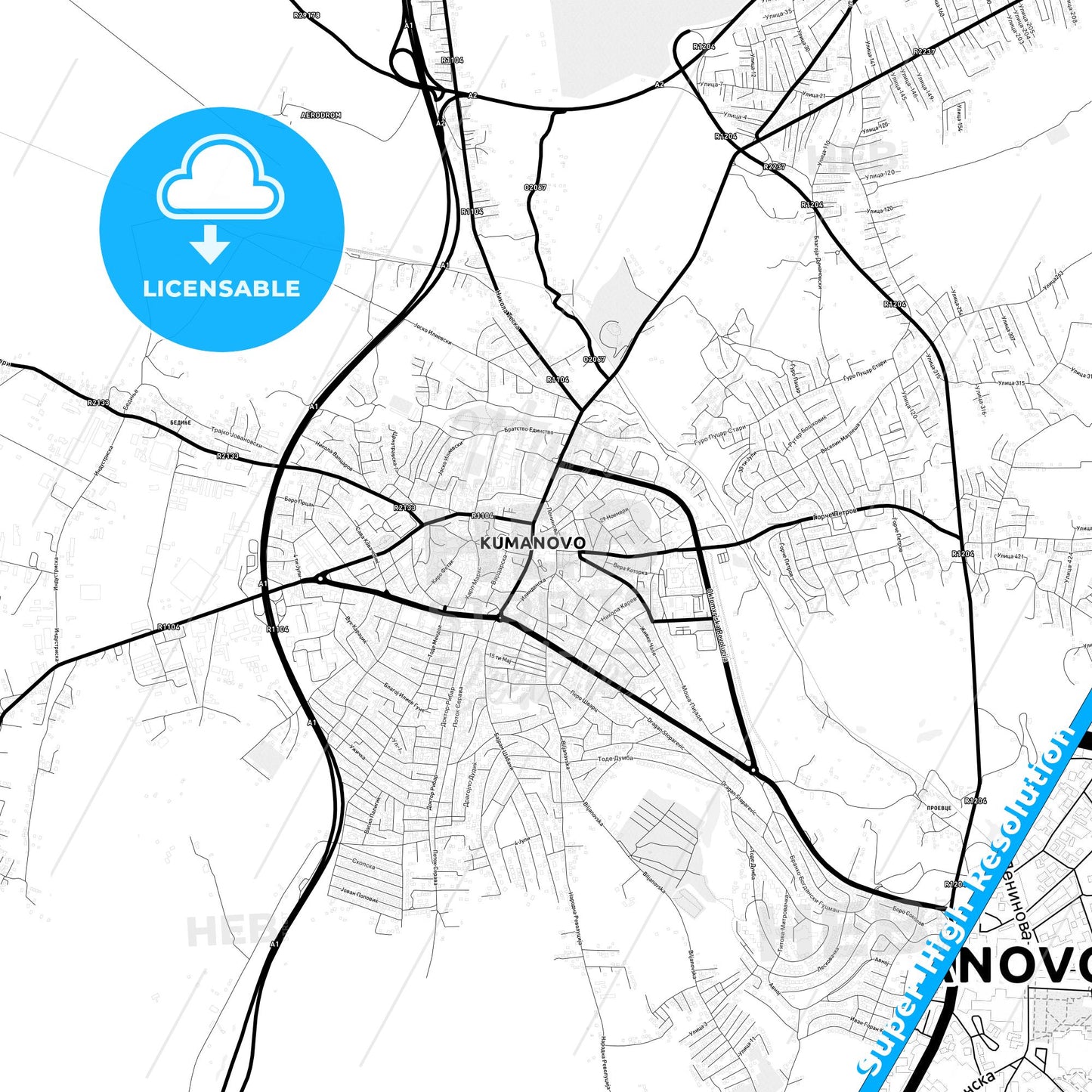 Kumanovo, North Macedonia Light Map with Street Names, City Names, and Districts