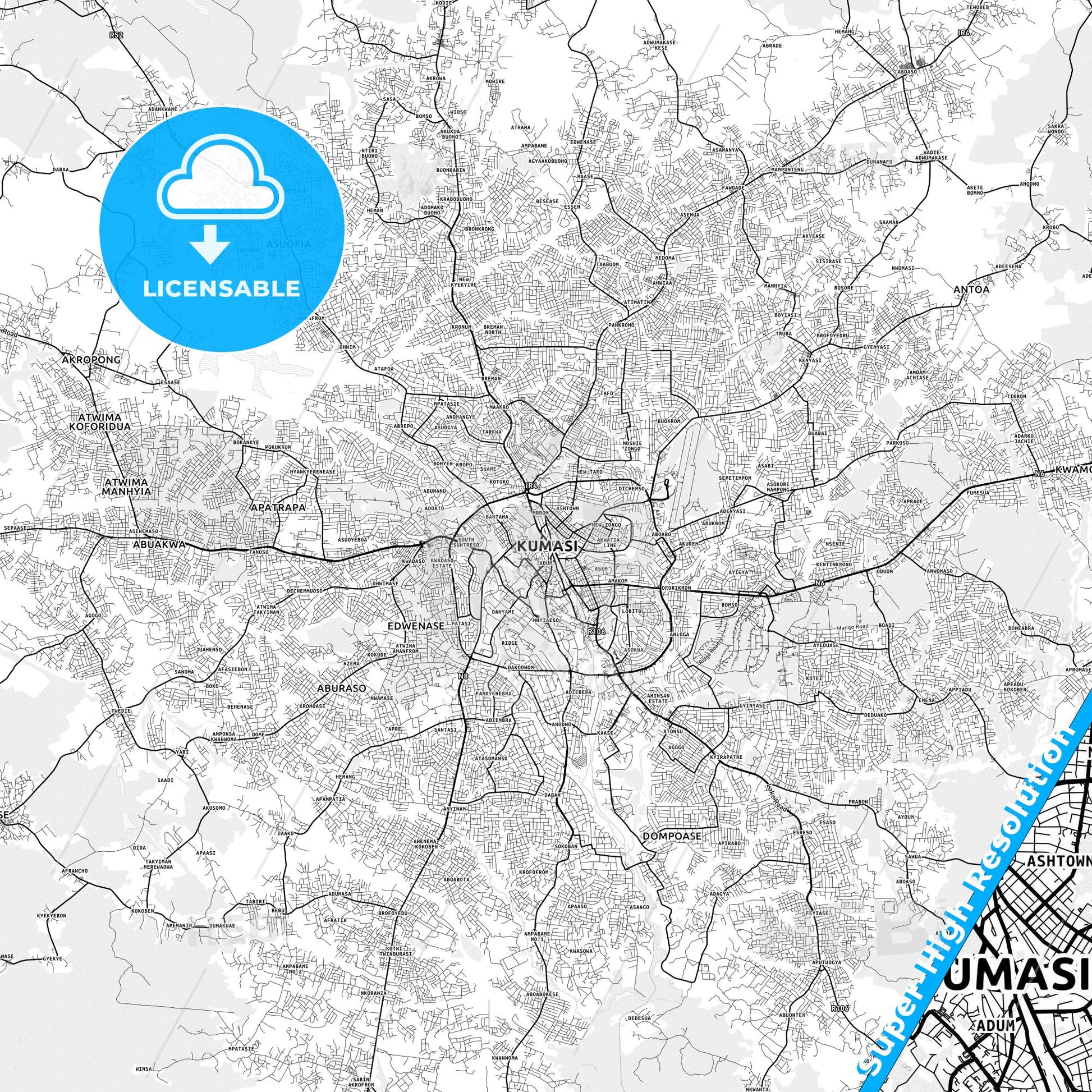 Kumasi, Ghana light map with streetnames, citynames and districts