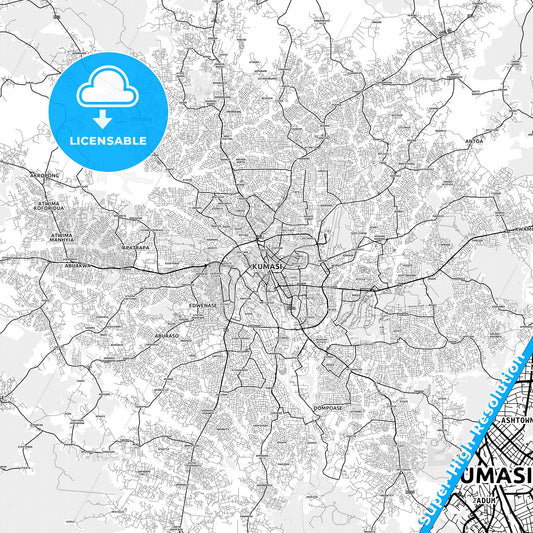 Kumasi, Ghana light map with streetnames, citynames and districts