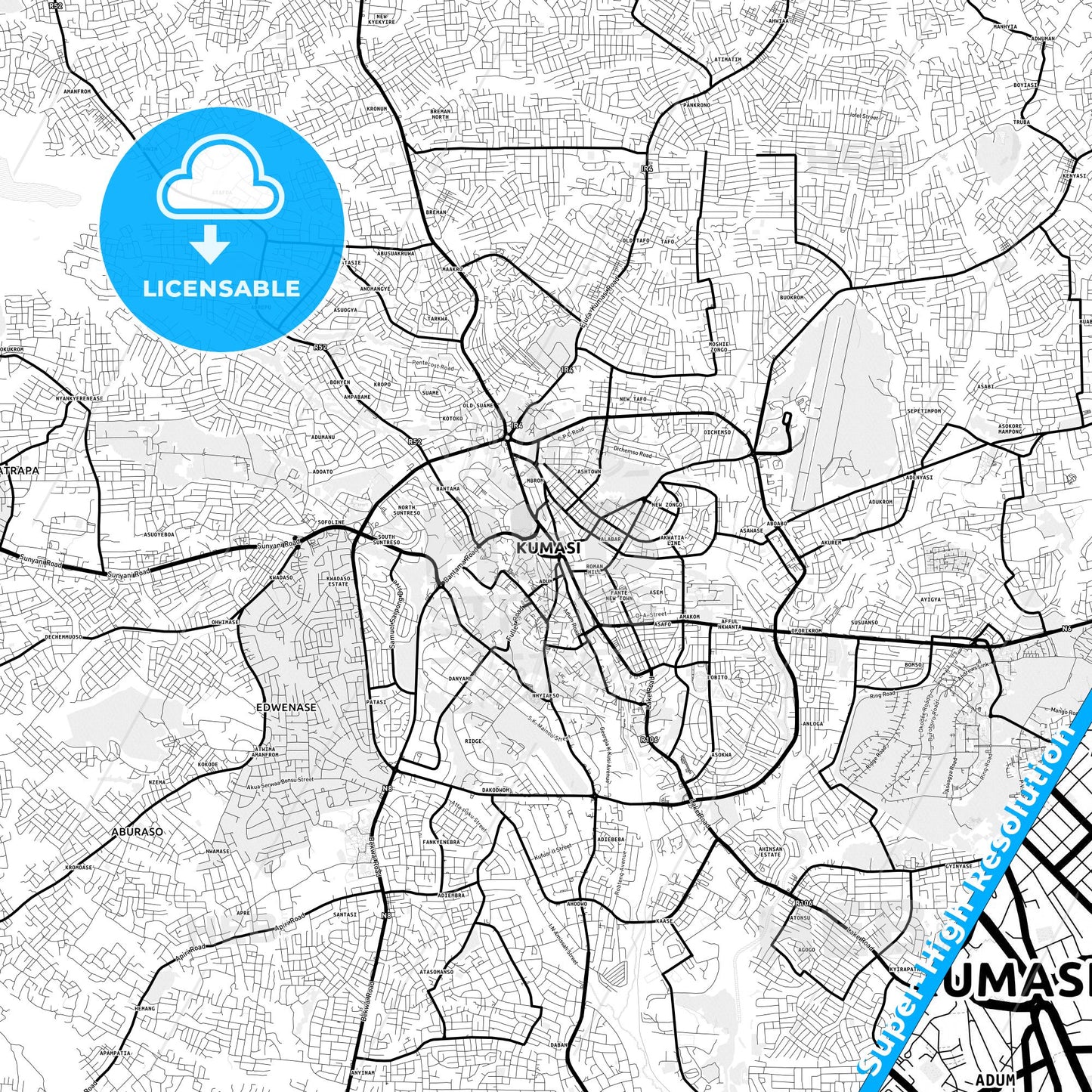 Kumasi, Ghana Light Map with Street Names, City Names, and Districts