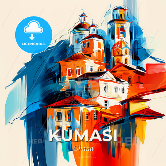 Vibrant Kumasi, Ghana - A Painting Of Buildings With A White Background - Square format print template