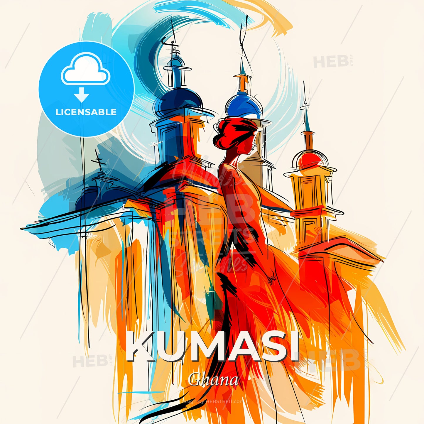 Vibrant Kumasi, Ghana - A Woman In A Red Dress - Square format print template