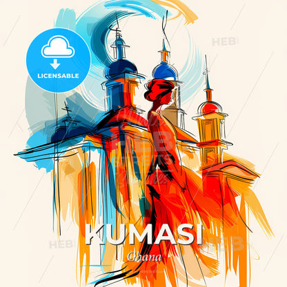 Vibrant Kumasi, Ghana - A Woman In A Red Dress - Square format print template