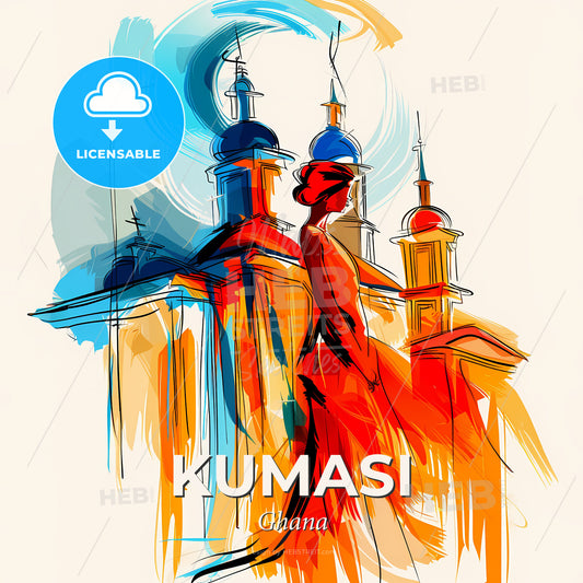 Vibrant Kumasi, Ghana - A Woman In A Red Dress - Square format print template