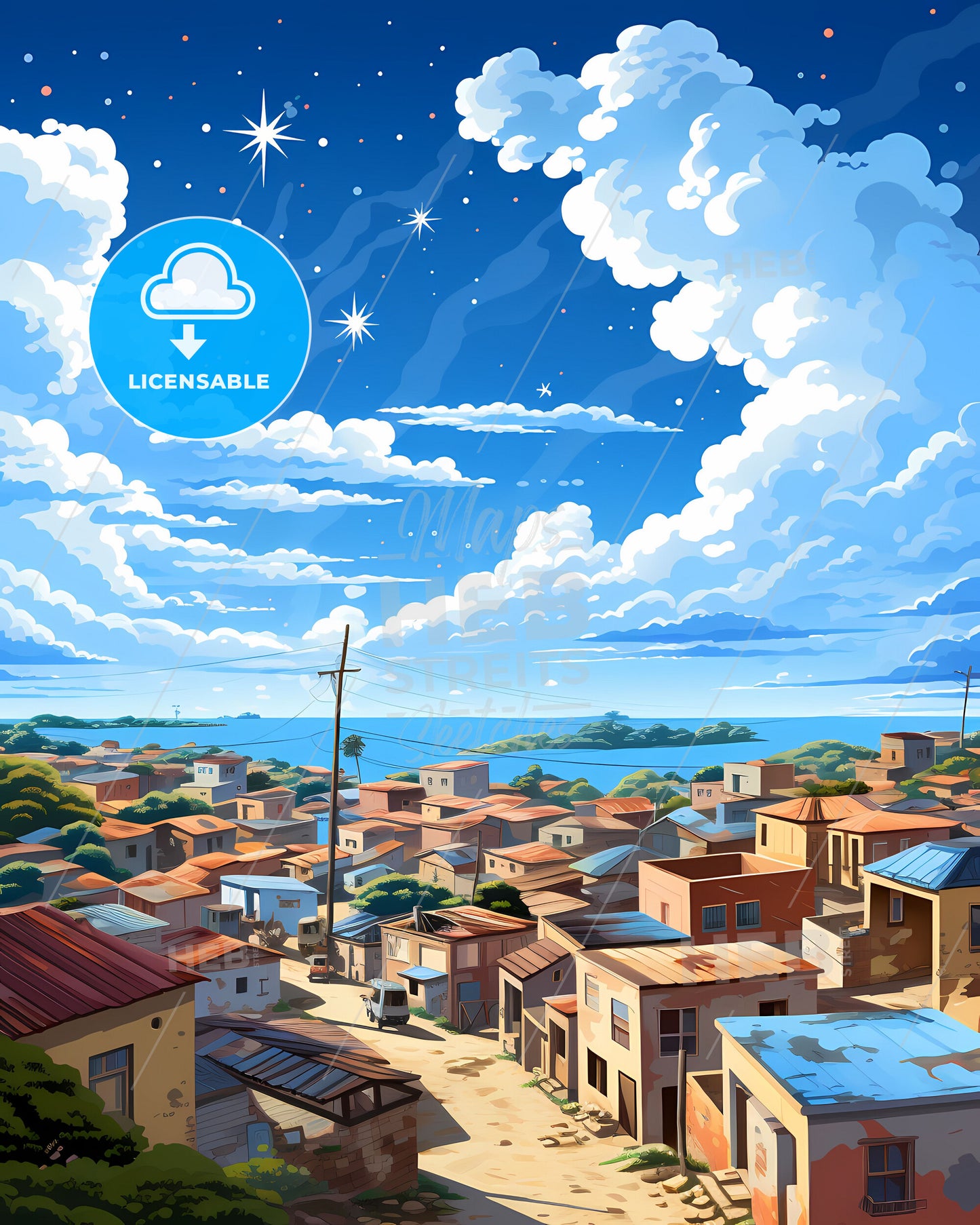 City Painting: Vibrant Kumasi Ghana Skyline with Buildings and Dramatic Clouds