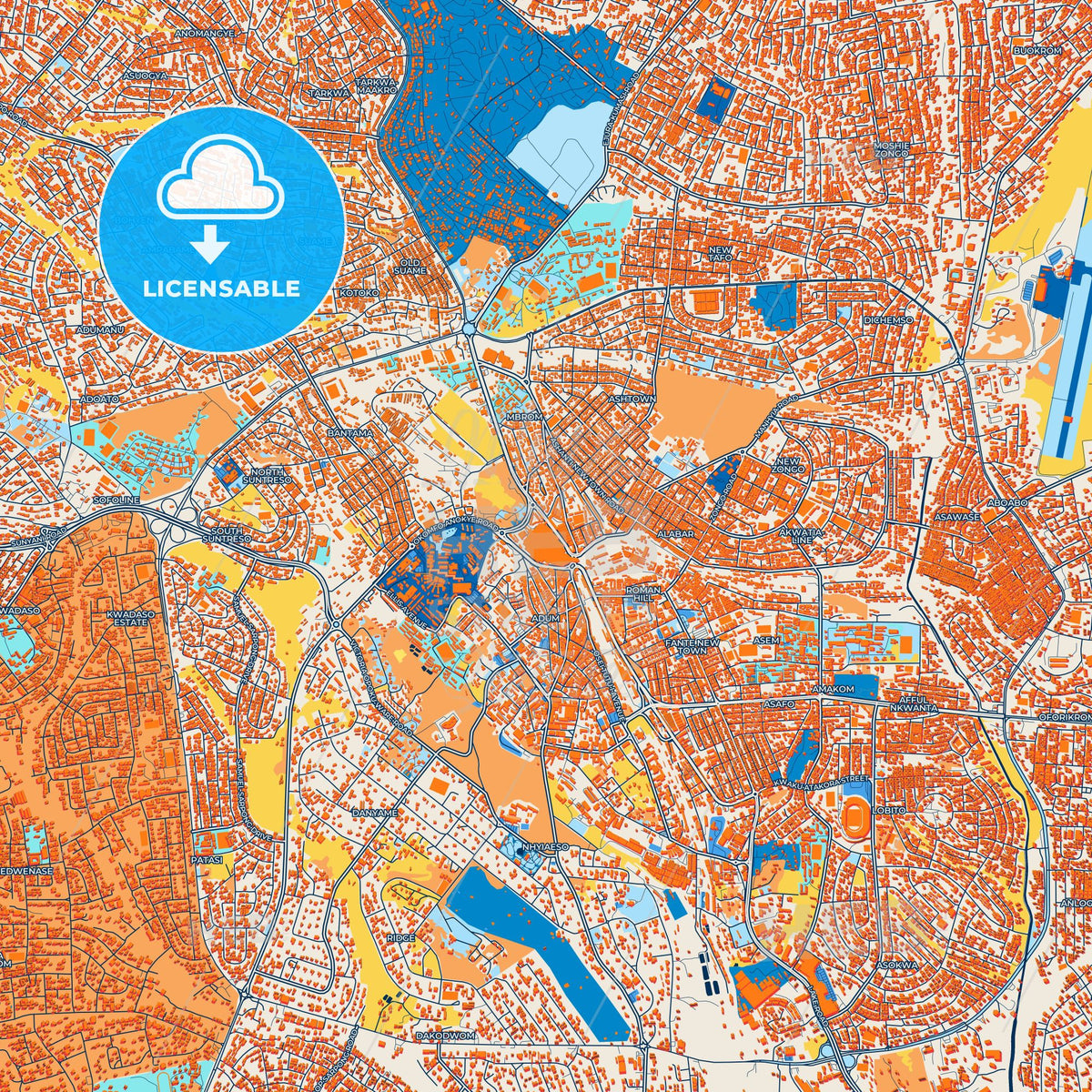 Colorful Kumasi Street Map with Labels and Buildings