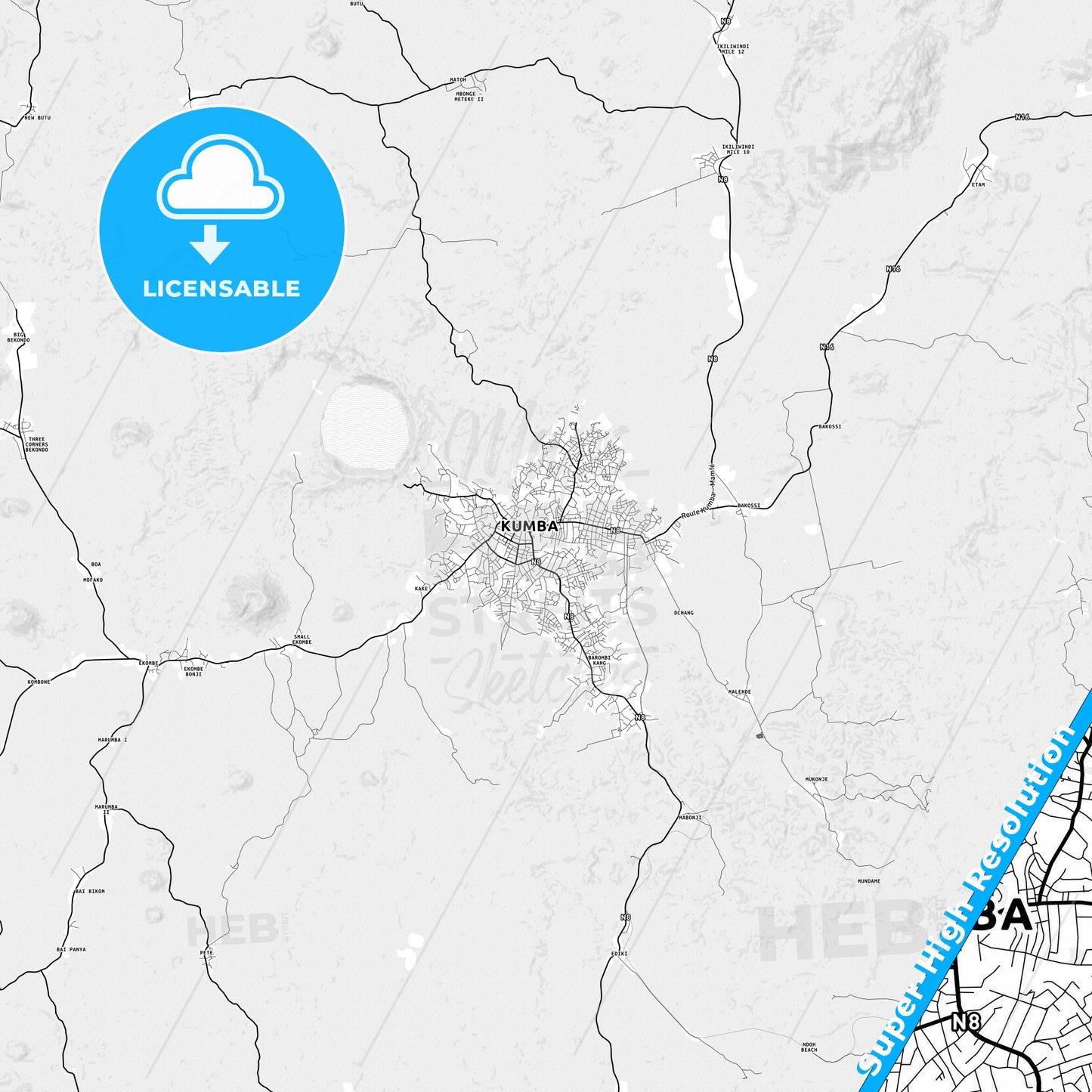 Kumba, Cameroon light map with streetnames, citynames and districts