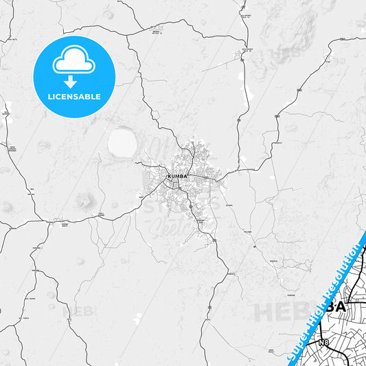 Kumba, Cameroon light map with streetnames, citynames and districts
