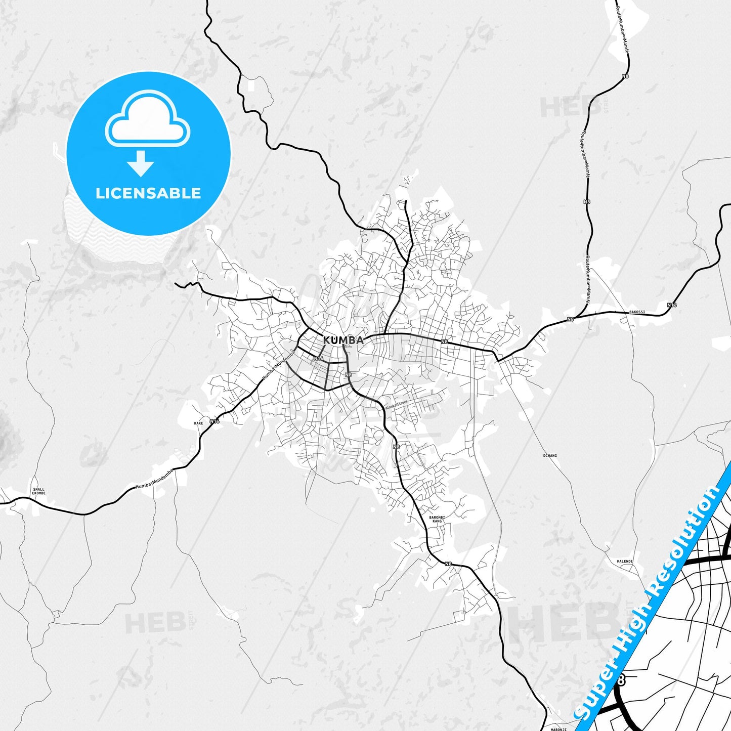 Kumba, Cameroon Light Map with Street Names, City Names, and Districts
