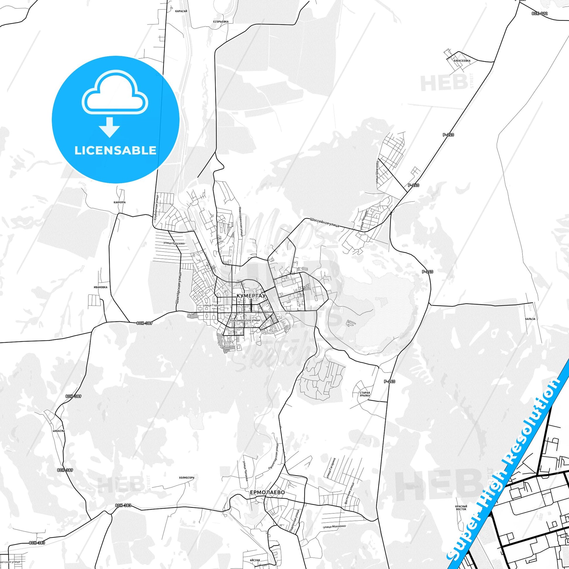 Kumertau, Russia light map with streetnames, citynames and districts