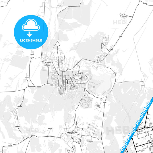 Kumertau, Russia light map with streetnames, citynames and districts