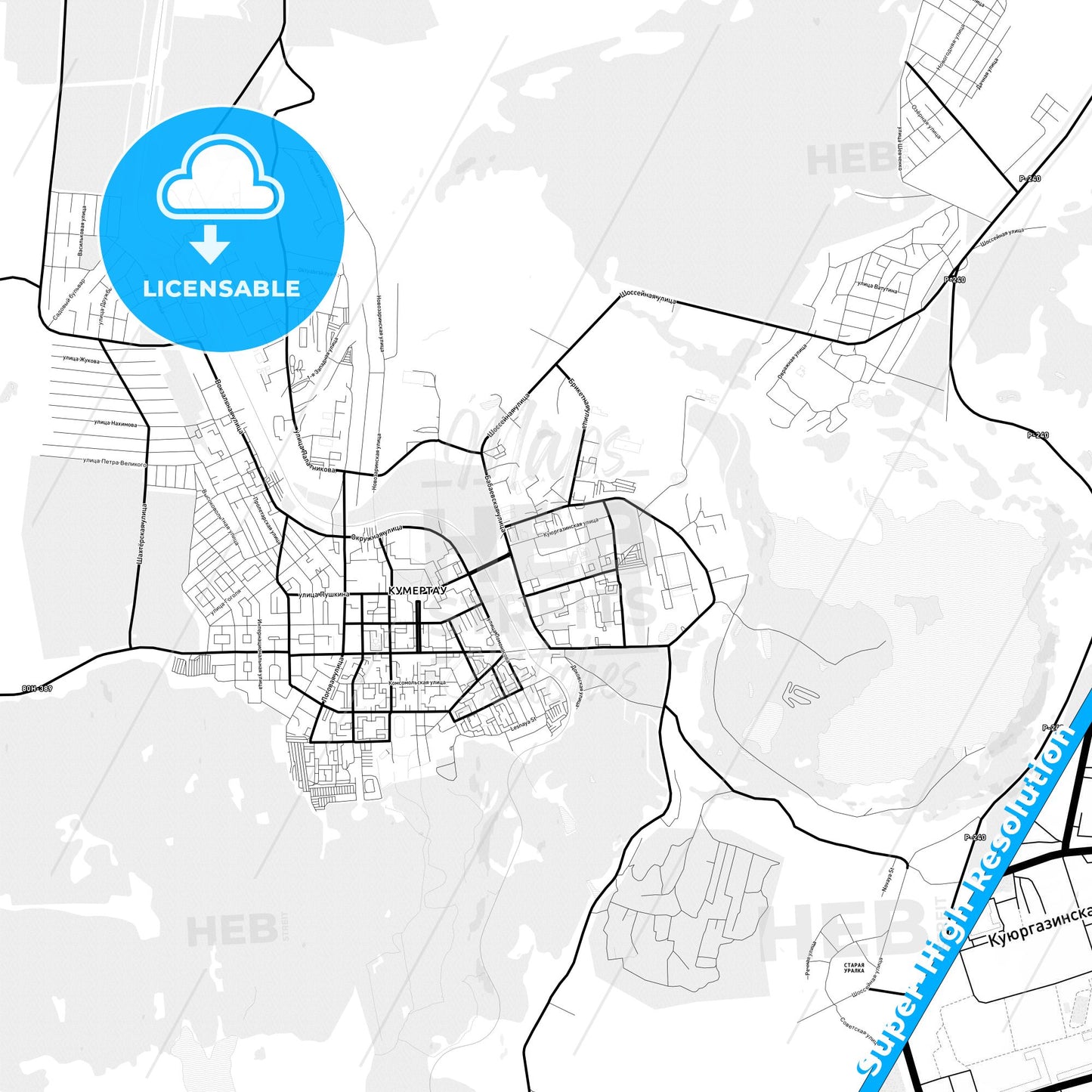 Kumertau, Russia Light Map with Street Names, City Names, and Districts