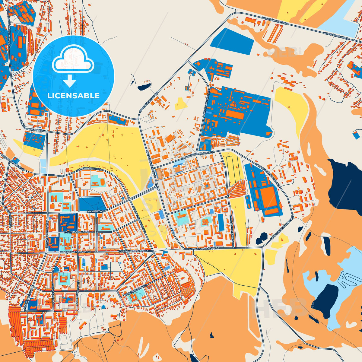 Colorful Kumertau Street Map with Labels and Buildings