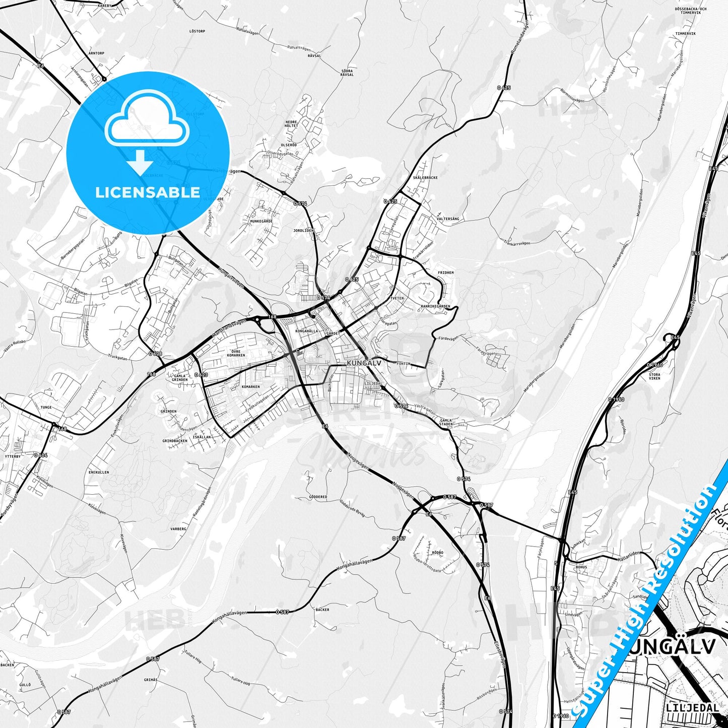 Kungälv, Sweden Light Map with Street Names, City Names, and Districts