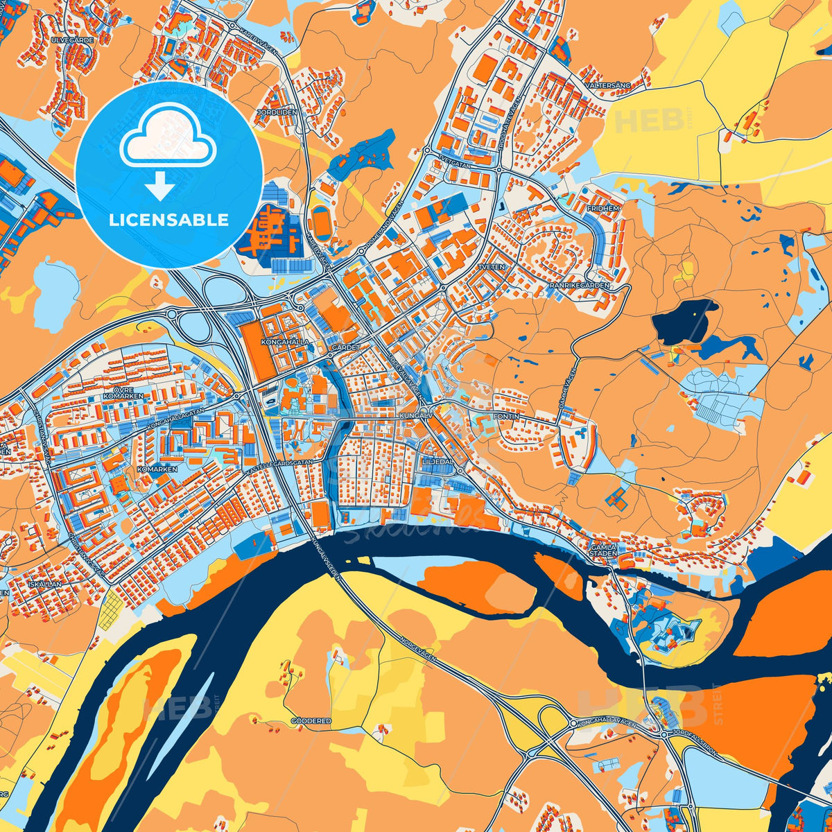 Colorful Kungälv Street Map with Labels and Buildings