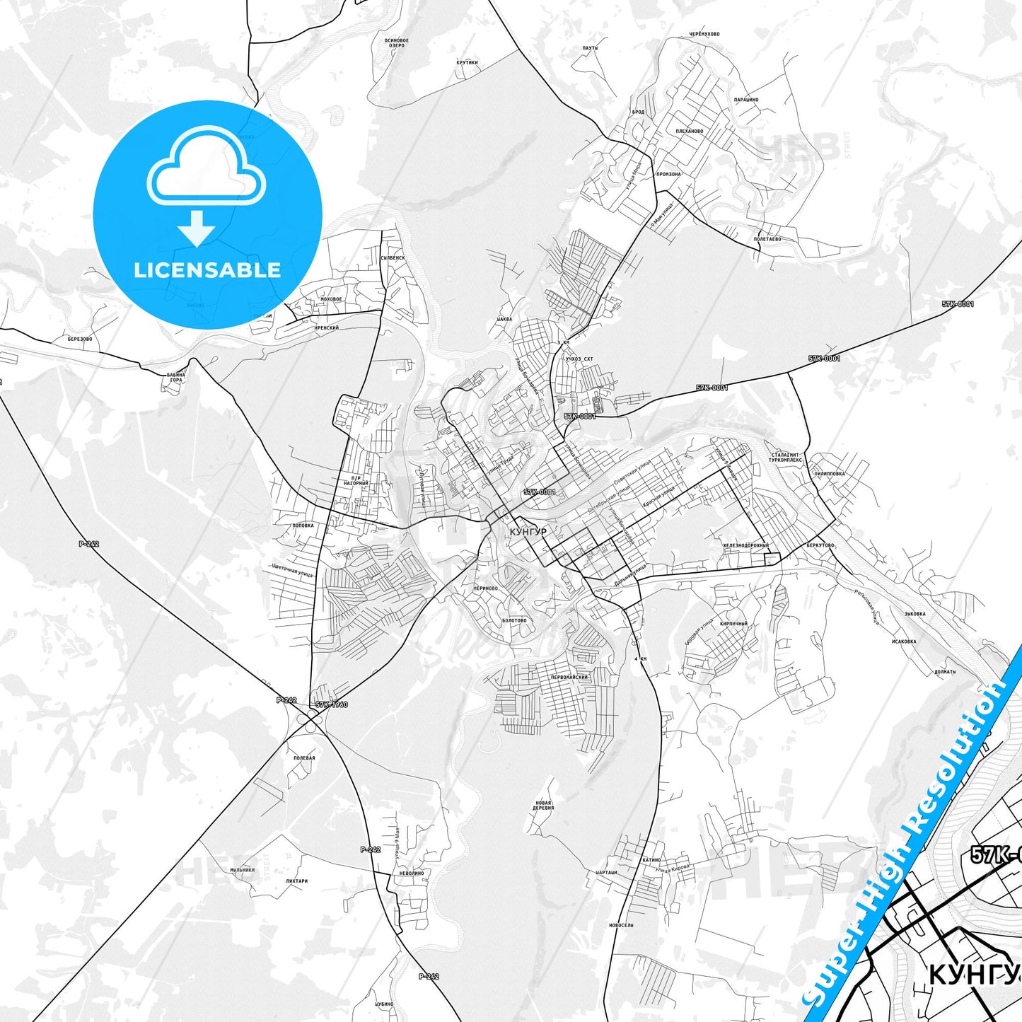 Kungur, Russia light map with streetnames, citynames and districts