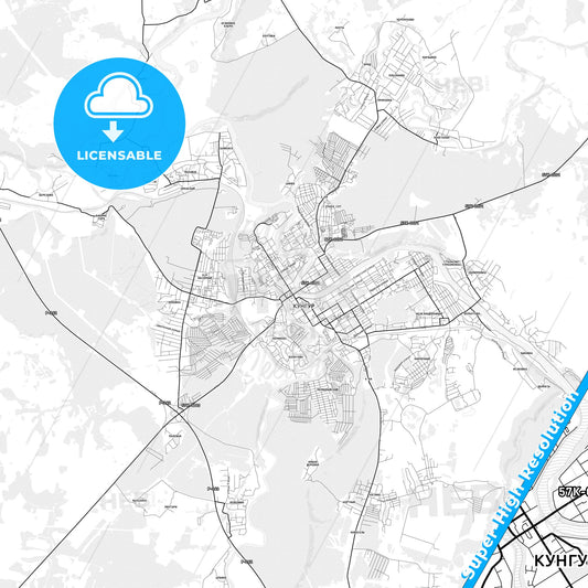 Kungur, Russia light map with streetnames, citynames and districts