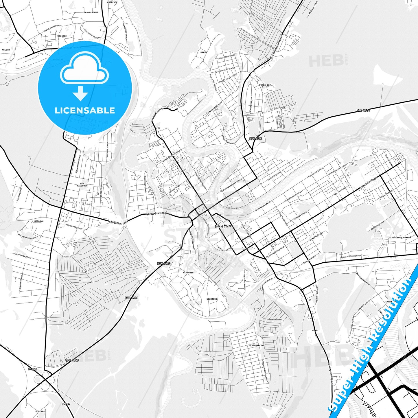 Kungur, Russia Light Map with Street Names, City Names, and Districts