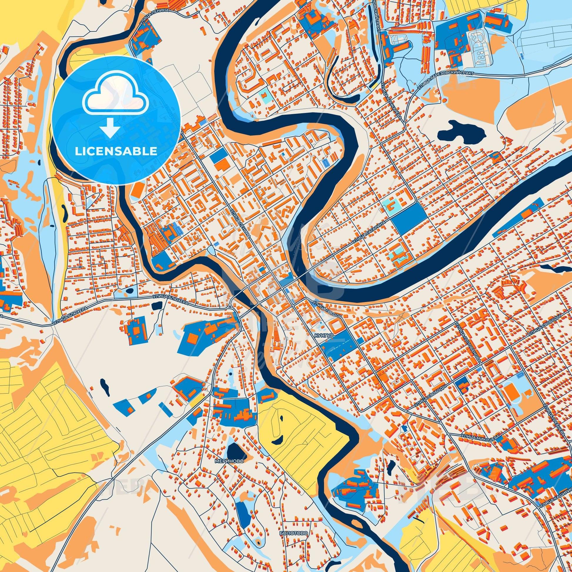 Colorful Kungur Street Map with Labels and Buildings