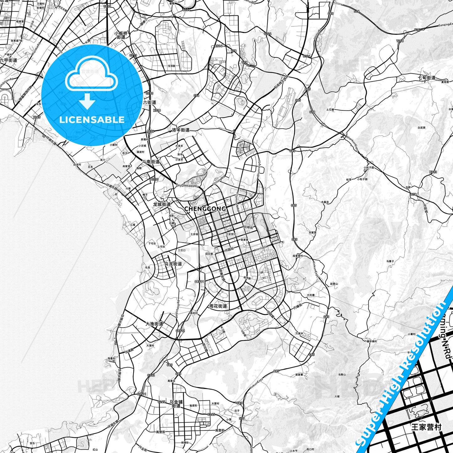 Kunming, China light map with streetnames, citynames and districts