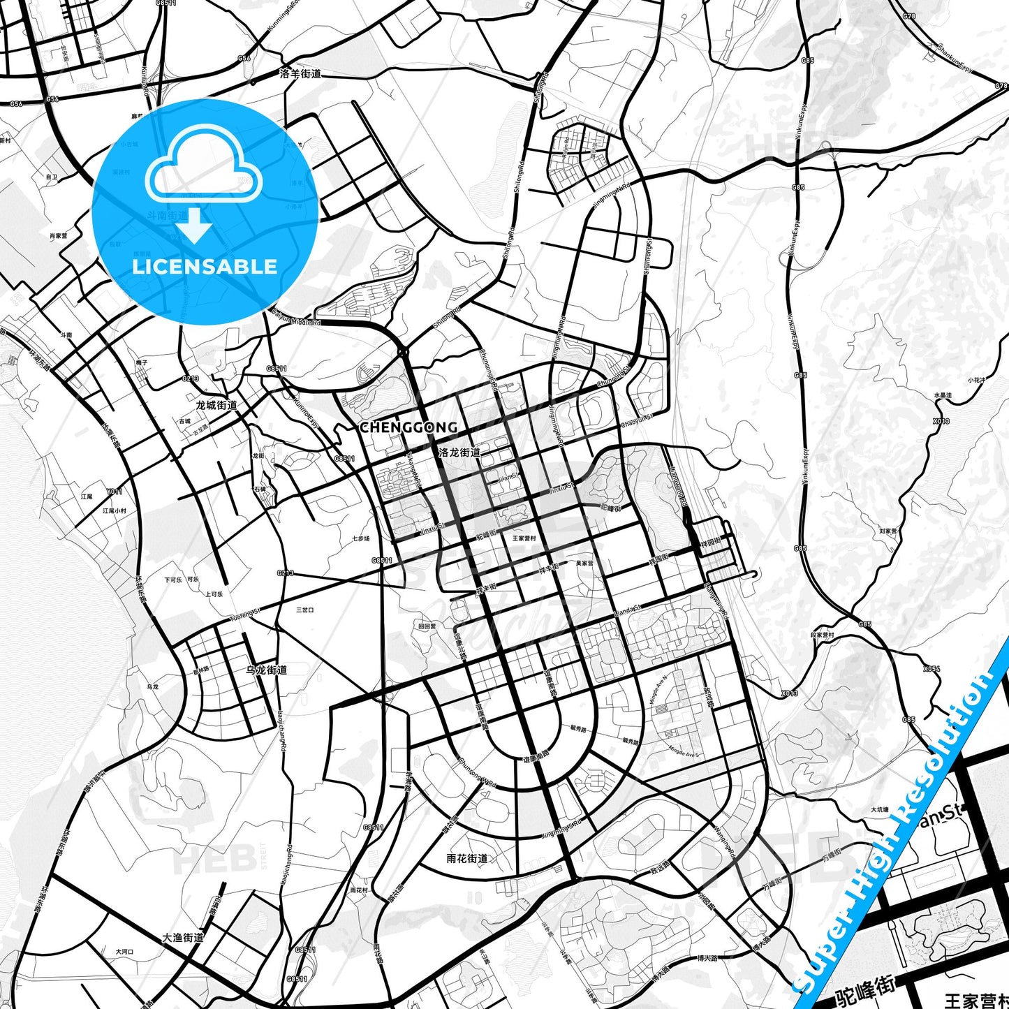 Kunming, China Light Map with Street Names, City Names, and Districts
