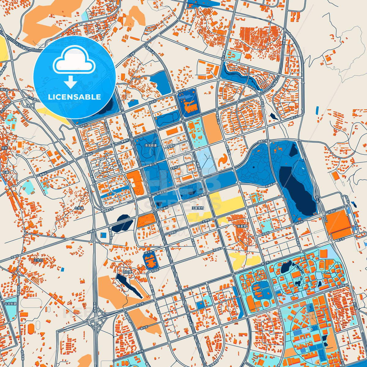 Colorful Kunming Street Map with Labels and Buildings