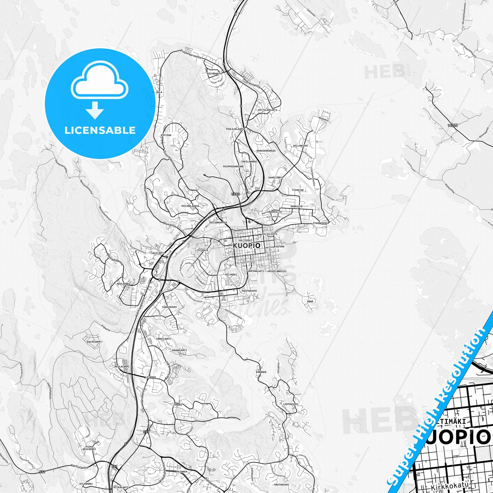 Kuopio, Finland light map with streetnames, citynames and districts