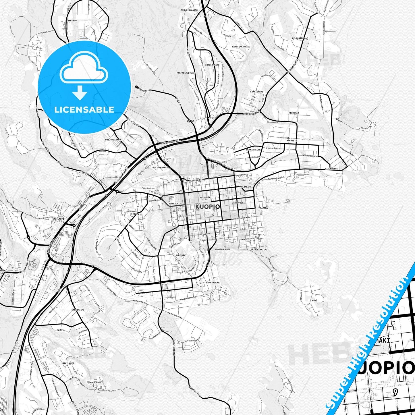 Kuopio, Finland Light Map with Street Names, City Names, and Districts