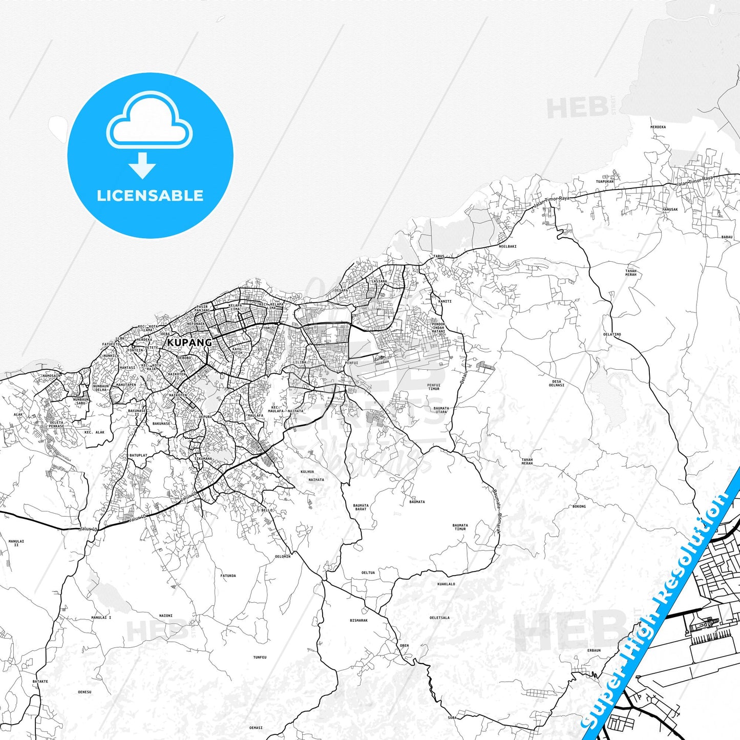 Kupang, Indonesia light map with streetnames, citynames and districts