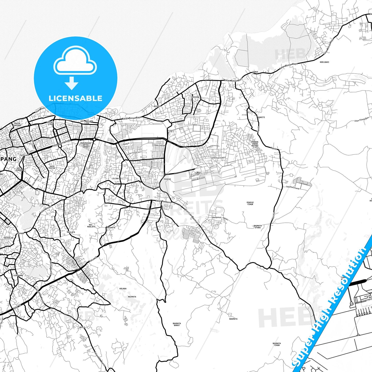 Kupang, Indonesia Light Map with Street Names, City Names, and Districts
