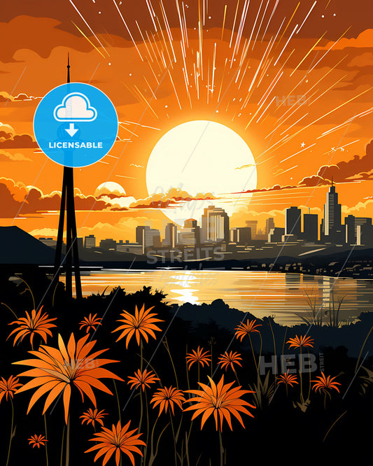 Painting of Kupang Indonesia Skyline with Sunset in Vibrant Colors