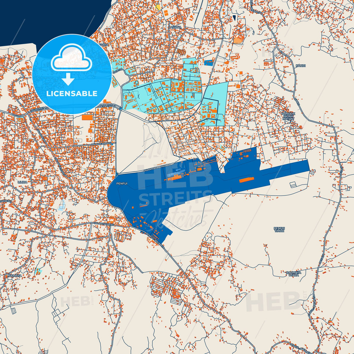 Colorful Kupang Street Map with Labels and Buildings